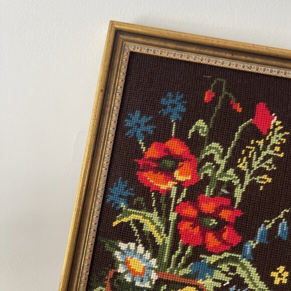 VTG Golden Framed Needlepoint Wall Art Picture Flowers In Tea pot 18*” x 14” - Picture 3 of 16